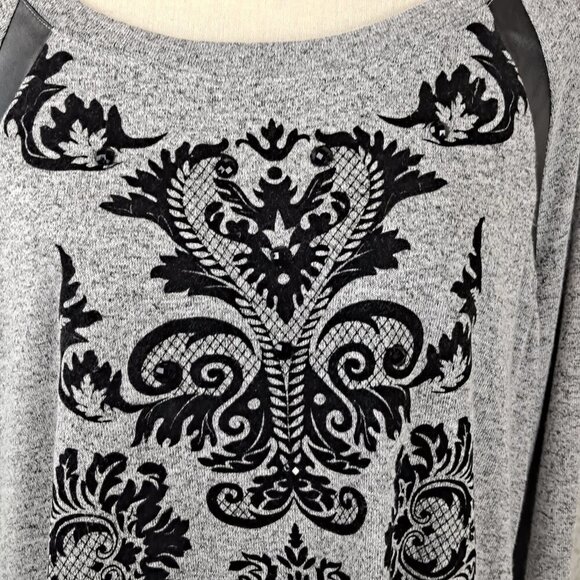 Style & Co Size XL Gray Tunic Sweater Black Velvet Pattern Tab Sleeves NWOT - Picture 2 of 11